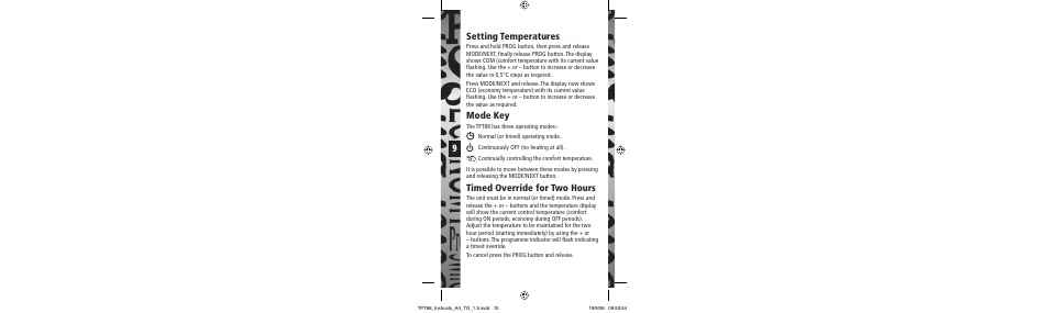 Setting temperatures, Mode key, Timed override for two hours | Timeguard TPT88 User Manual | Page 10 / 12