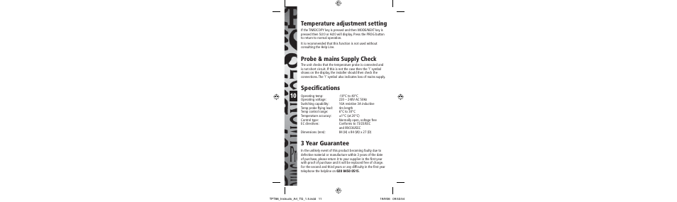 3 year guarantee, Specifi cations, Temperature adjustment setting | Probe & mains supply check | Timeguard TPT88 User Manual | Page 11 / 12