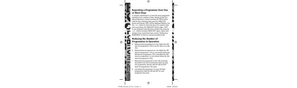 Repeating a programme over one or more days, Reducing the number of programmes in operation | Timeguard TPT88 User Manual | Page 9 / 12