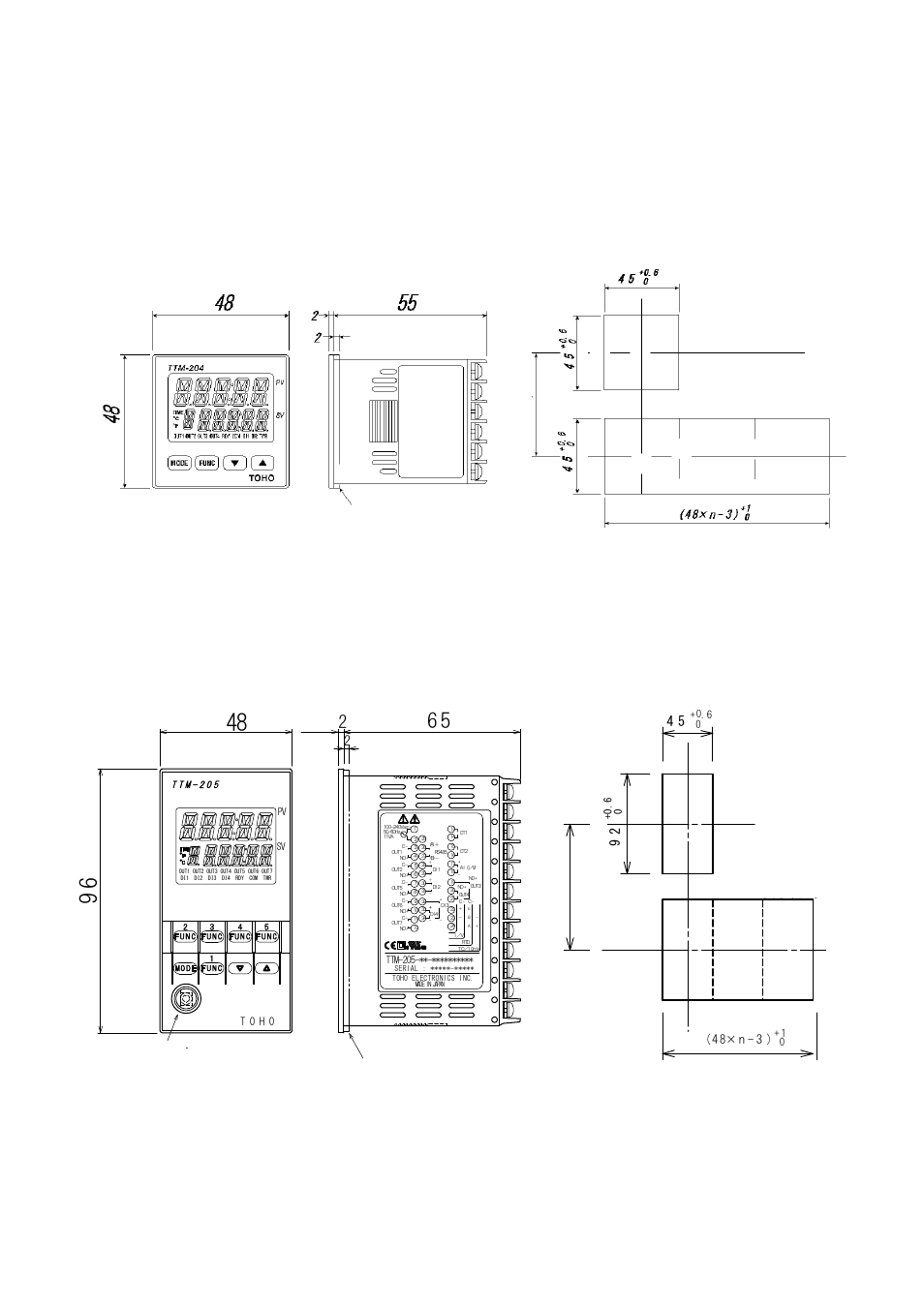 3 outside dimensions and panel cutting dimensions, Outside dimensions and panel cutting dimensions -4, 1台取付時 n台取付時 | Ttm-204 outside dimensions, Panel cutting dimensions, 60 以上, ローダ通信端子, パッキン, 4 8× n - 3 ), T o h o | TOHO ELECTRONICS TTM200 User Manual | Page 21 / 264