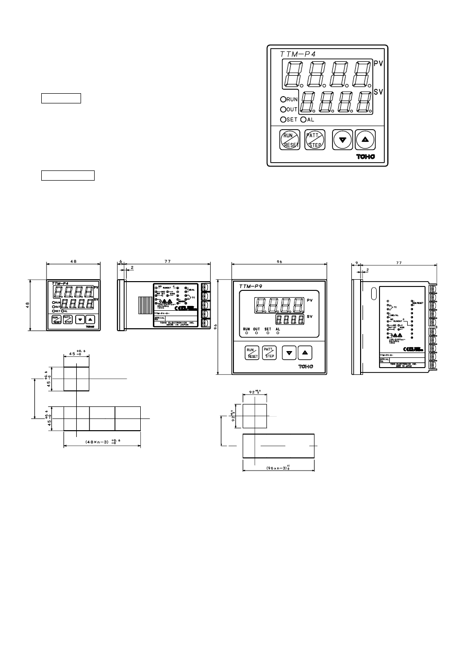 Name and size of each part, 1 name of each part, 2 external dimensions and panel cut size | TOHO ELECTRONICS TTM-P9 User Manual | Page 3 / 16