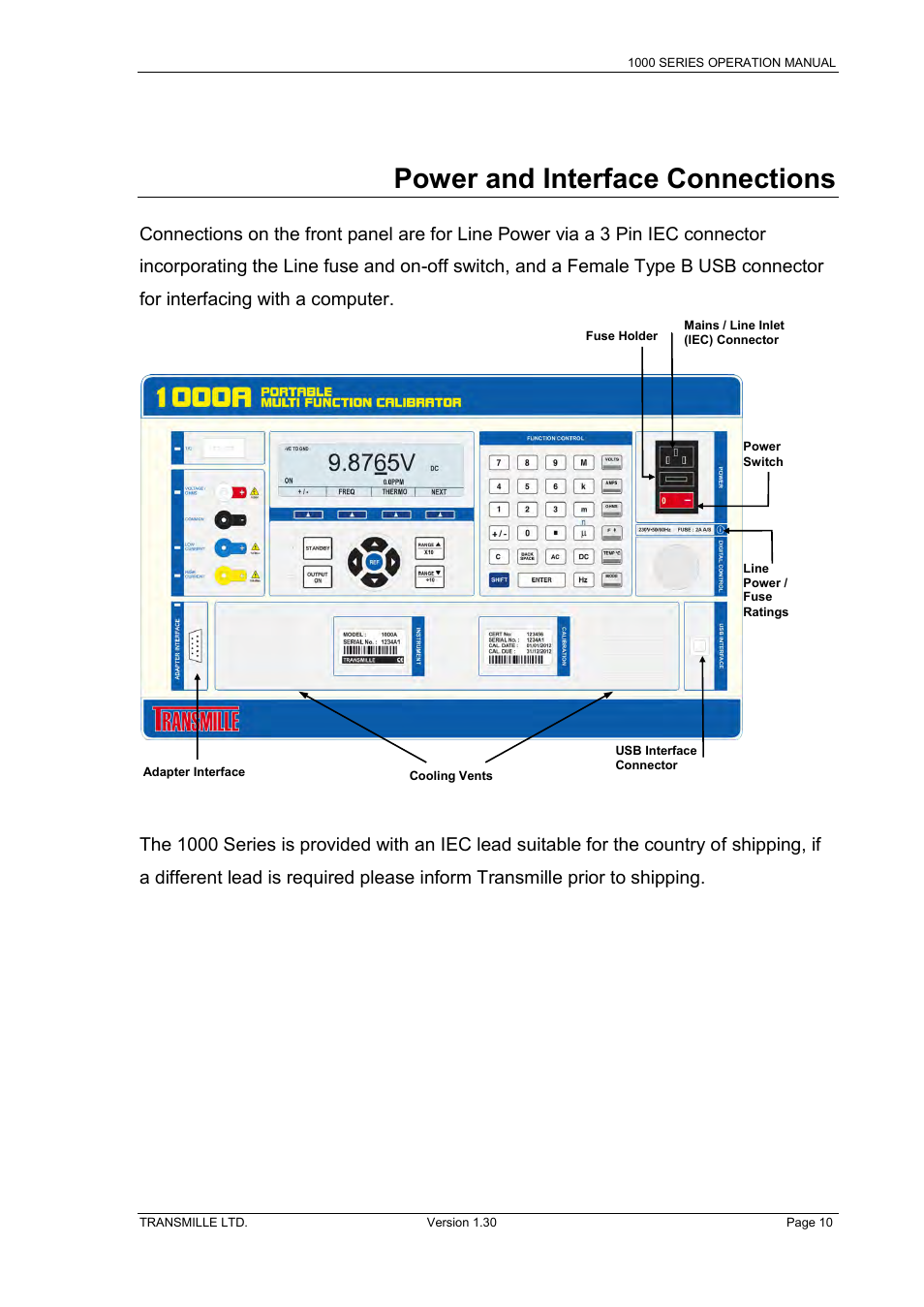 Power and interface connections, Fuse holder, Switch | Line power / fuse ratings, Ower and, Nterface, Onnections | Transmille 1000-Series User Manual | Page 10 / 104