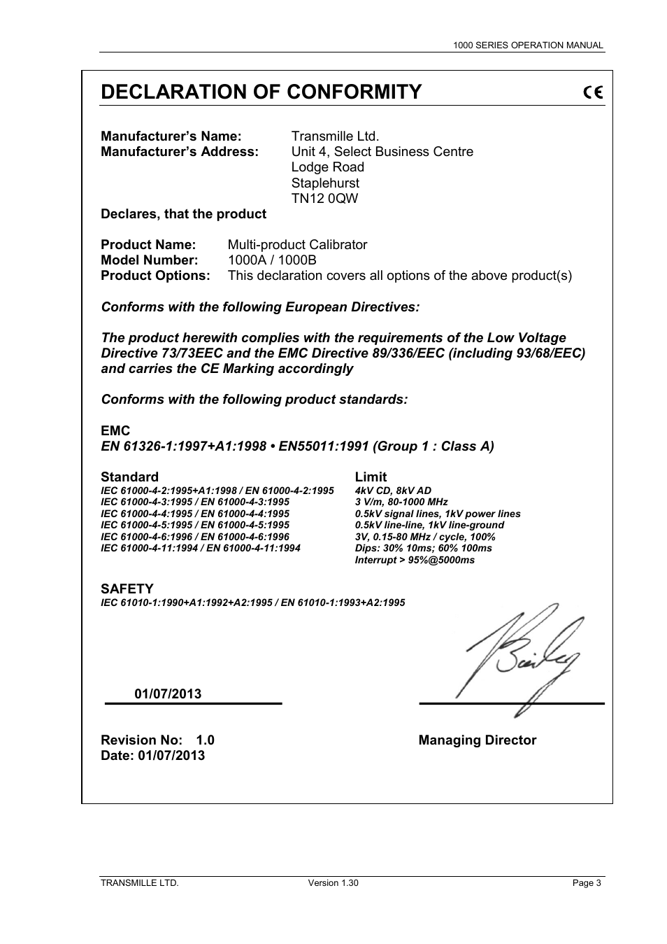 Standard limit, Declaration of conformity | Transmille 1000-Series User Manual | Page 3 / 104