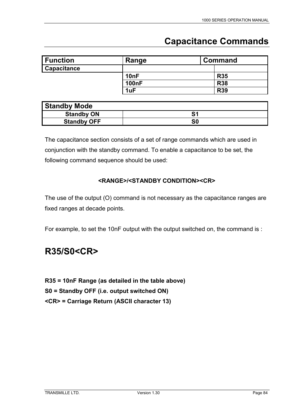 Capacitance commands, Apacitance, Ommands | R35/s0<cr | Transmille 1000-Series User Manual | Page 84 / 104