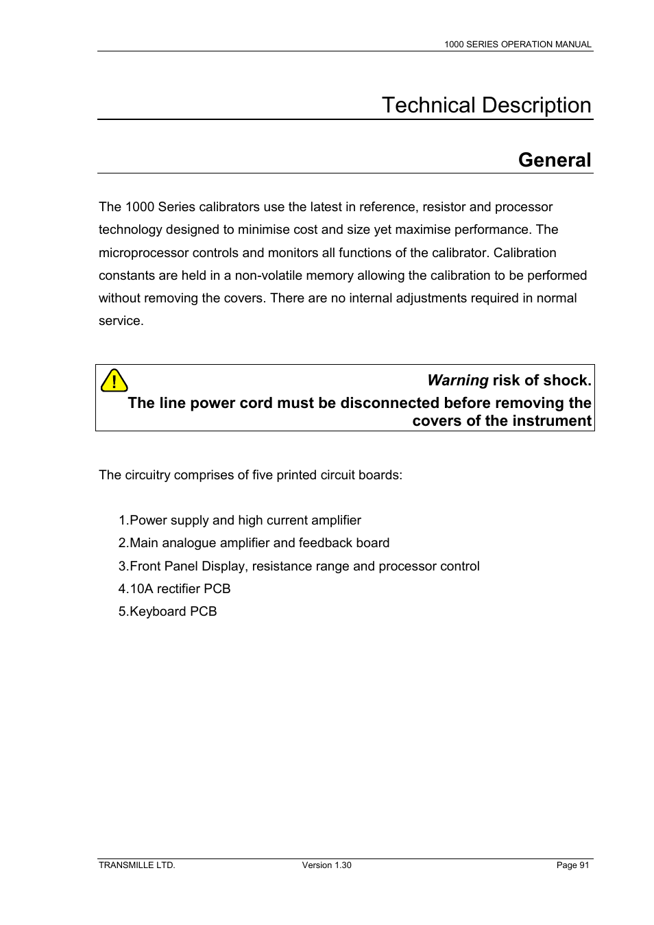 Technical description, General, Eneral | Warning risk of shock | Transmille 1000-Series User Manual | Page 91 / 104