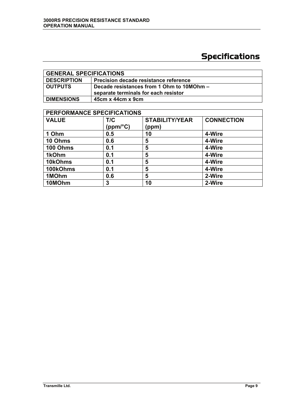 Specifications | Transmille 3000RS User Manual | Page 10 / 11