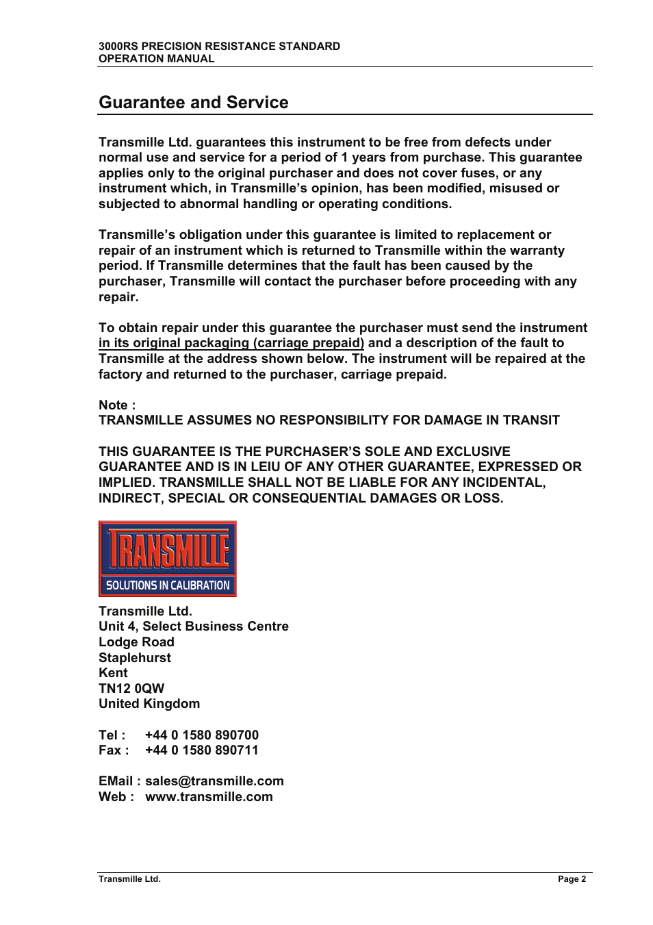 Guarantee and service | Transmille 3000RS User Manual | Page 3 / 11