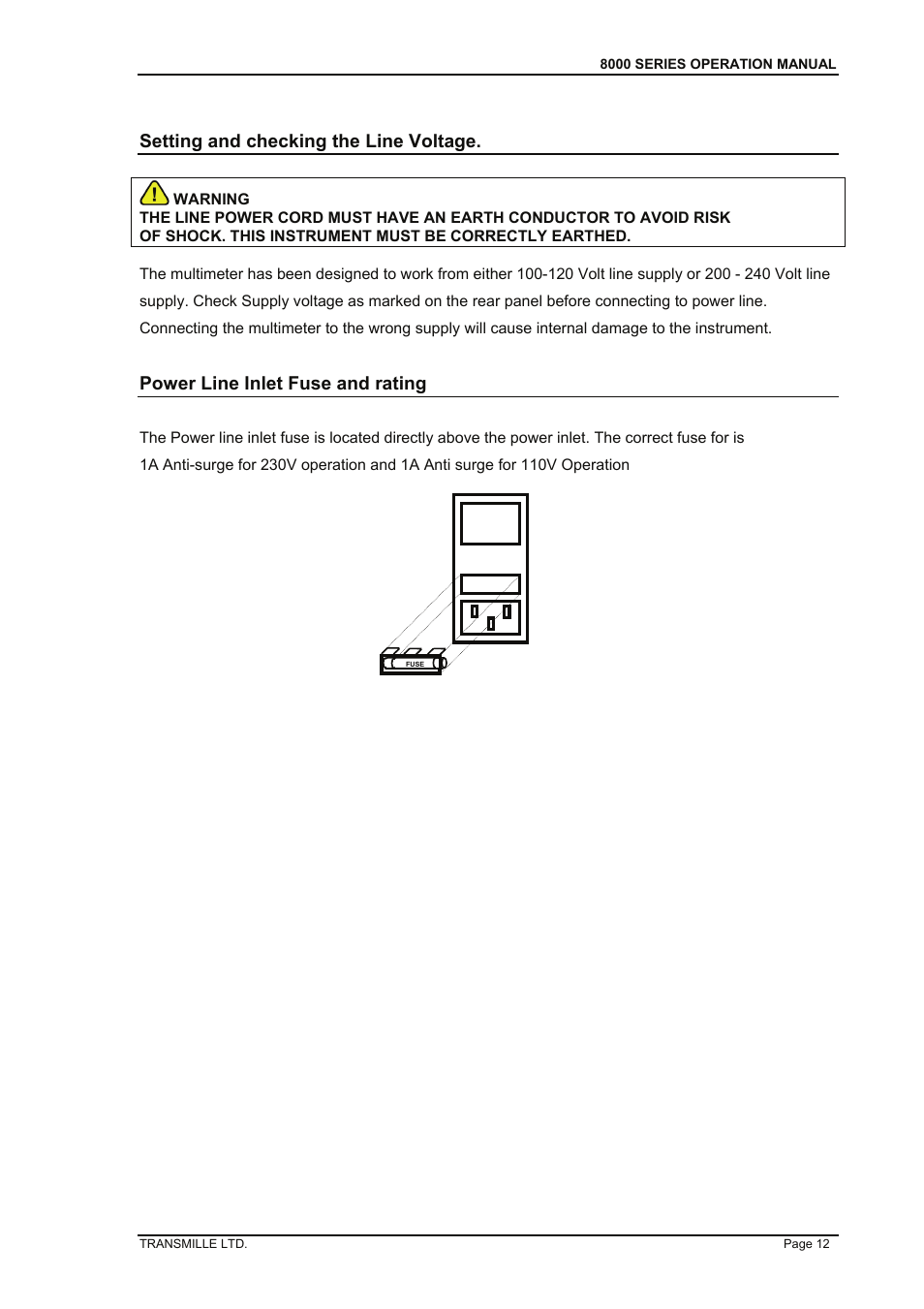 Setting and checking the line voltage, Power line inlet fuse and rating | Transmille 8000 Series User Manual | Page 13 / 71