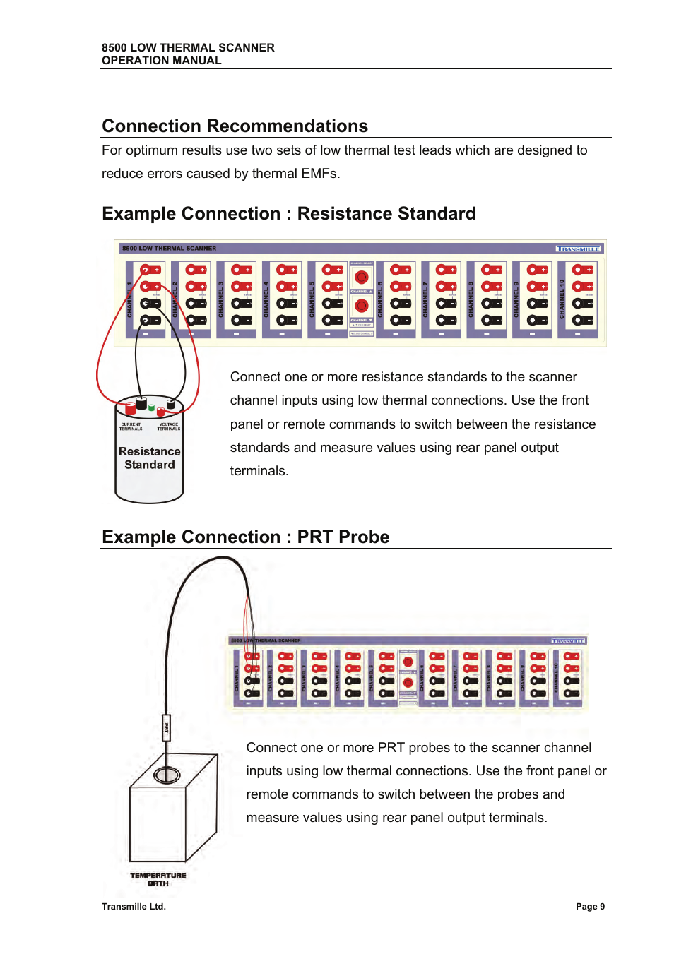 Connection recommendations, Example connection : resistance standard, Example connection : prt probe | Transmille 8500 User Manual | Page 10 / 14