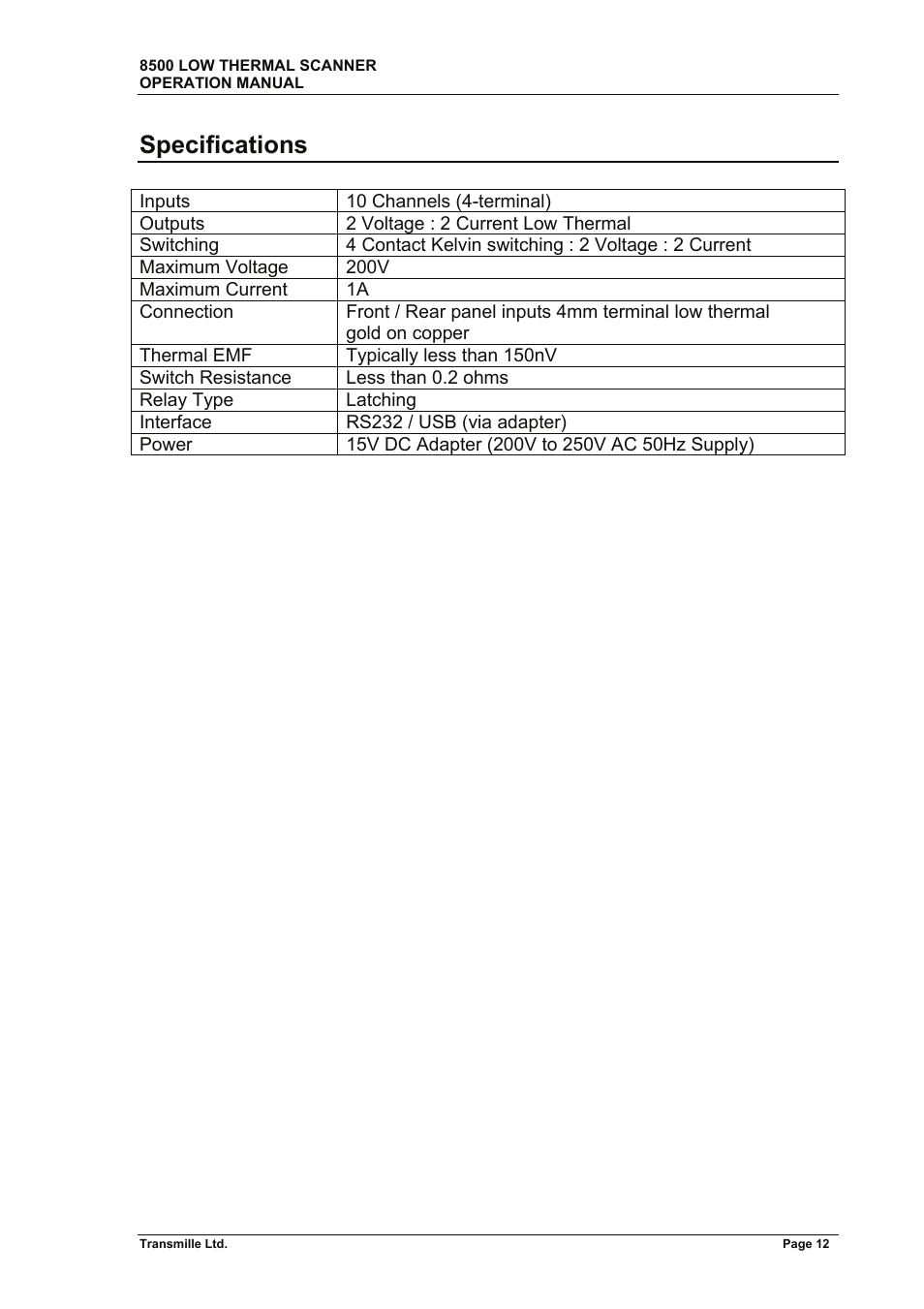Specifications | Transmille 8500 User Manual | Page 13 / 14