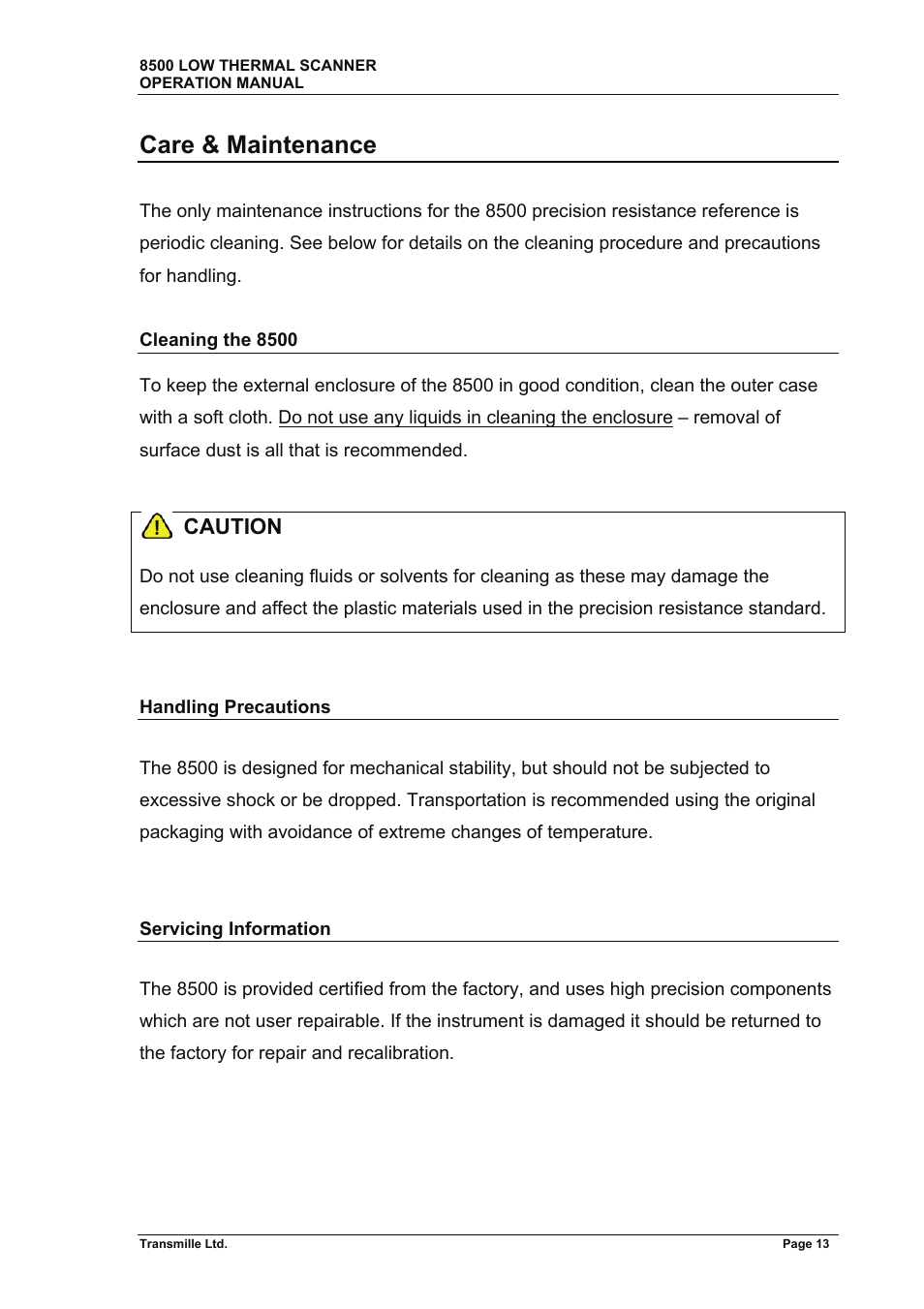 Care & maintenance | Transmille 8500 User Manual | Page 14 / 14