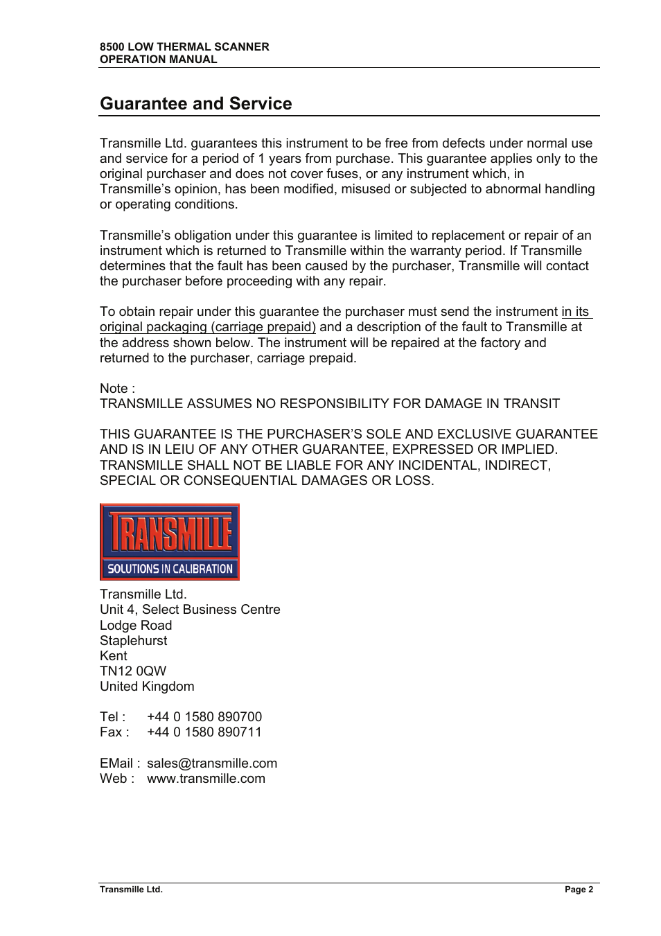 Guarantee and service | Transmille 8500 User Manual | Page 3 / 14