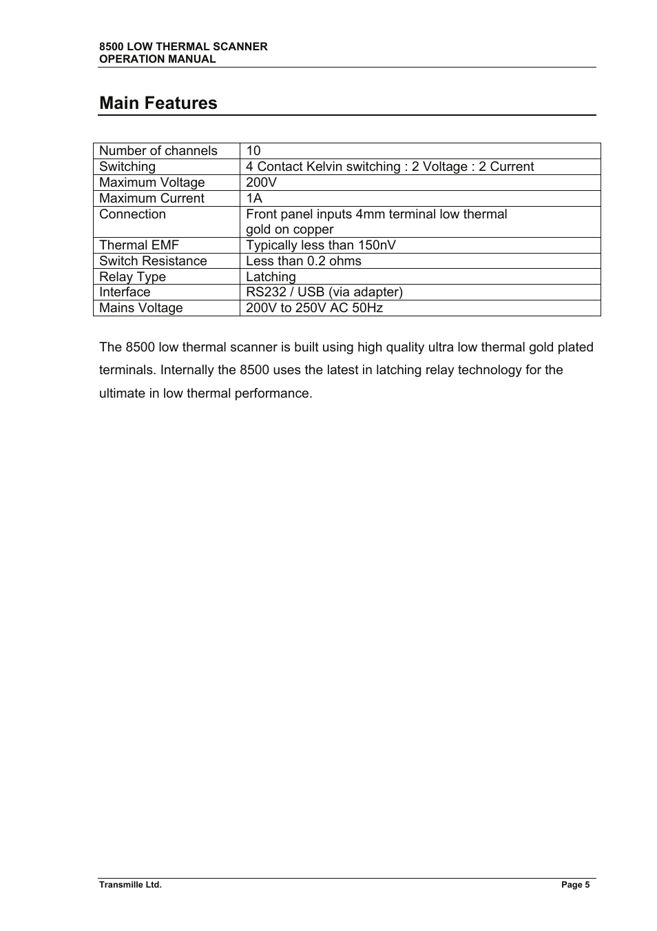 Main features | Transmille 8500 User Manual | Page 6 / 14