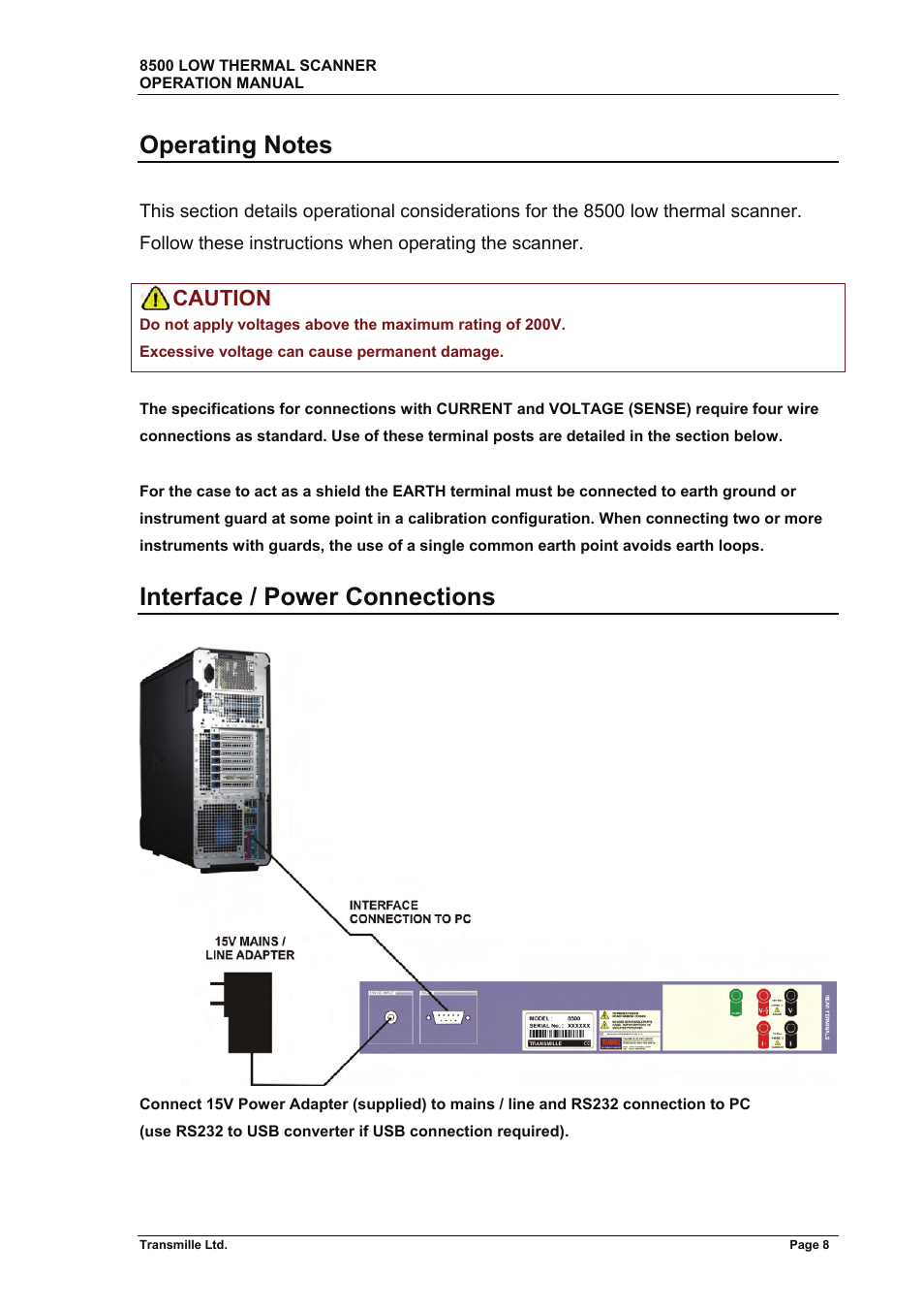 Interface / power connections, Caution | Transmille 8500 User Manual | Page 9 / 14