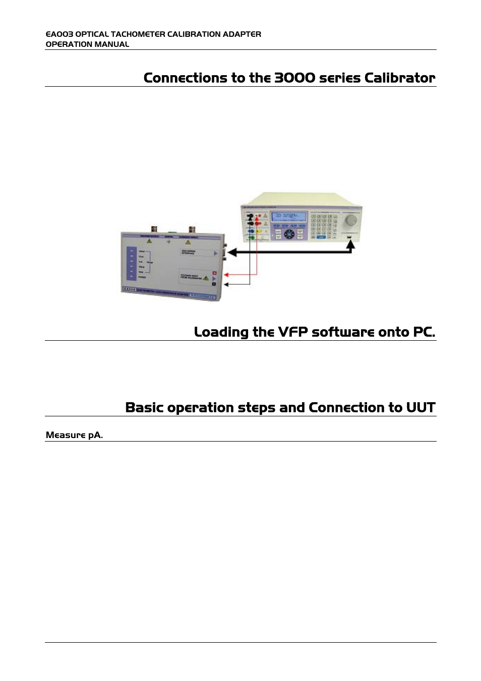 Connections to the 3000 series calibrator, Loading the vfp software onto pc, Basic operation steps and connection to uut | Transmille EA008 User Manual | Page 5 / 11