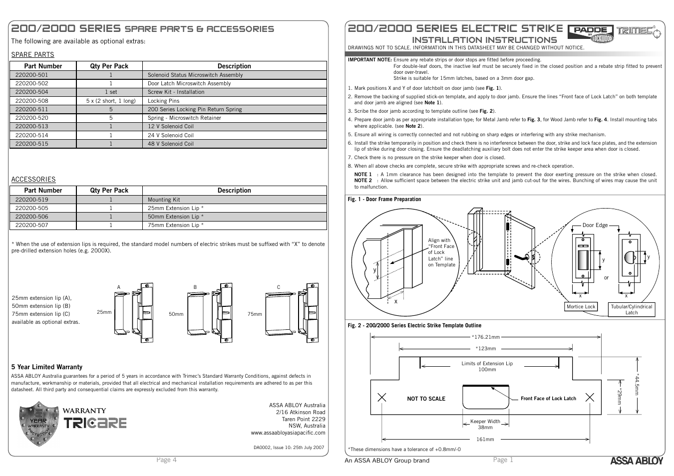 Trimec ES2000 Series Monitored Electric Strike User Manual | 2 pages