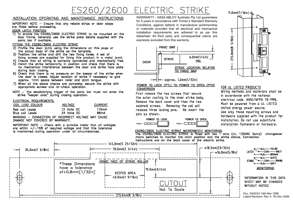 Trimec ES2600 Series Monitored Electric Strike User Manual | 2 pages
