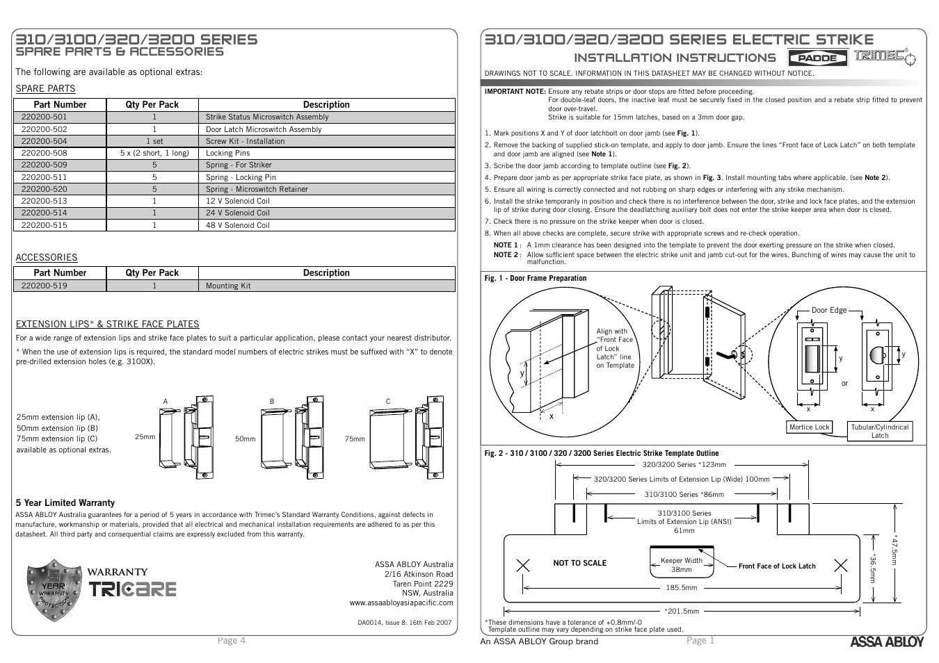 Trimec ES3000 Series Monitored Electric Strike User Manual | 2 pages