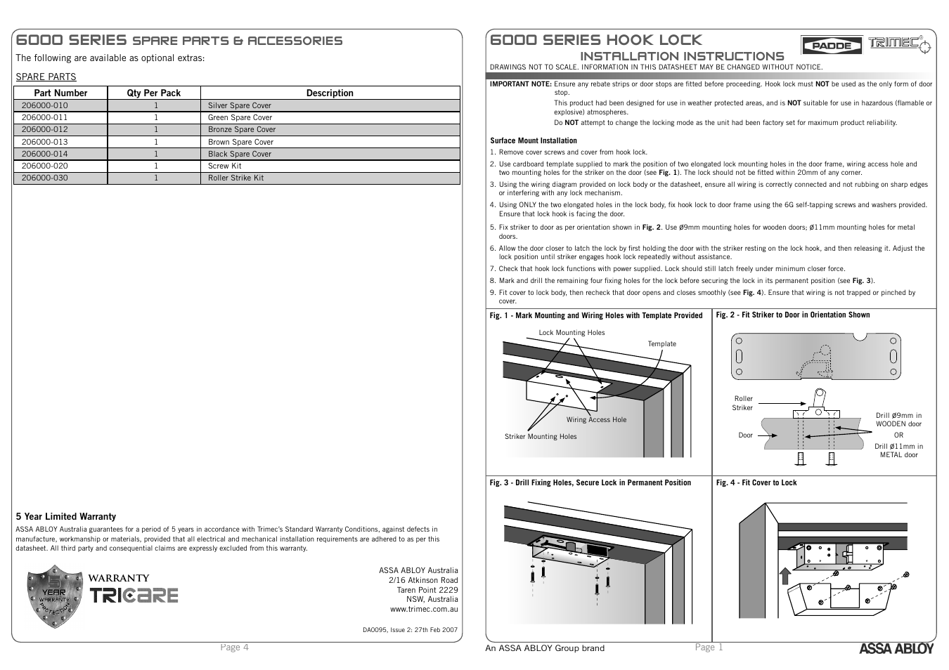 Trimec ES6000 Hook Lock User Manual | 2 pages