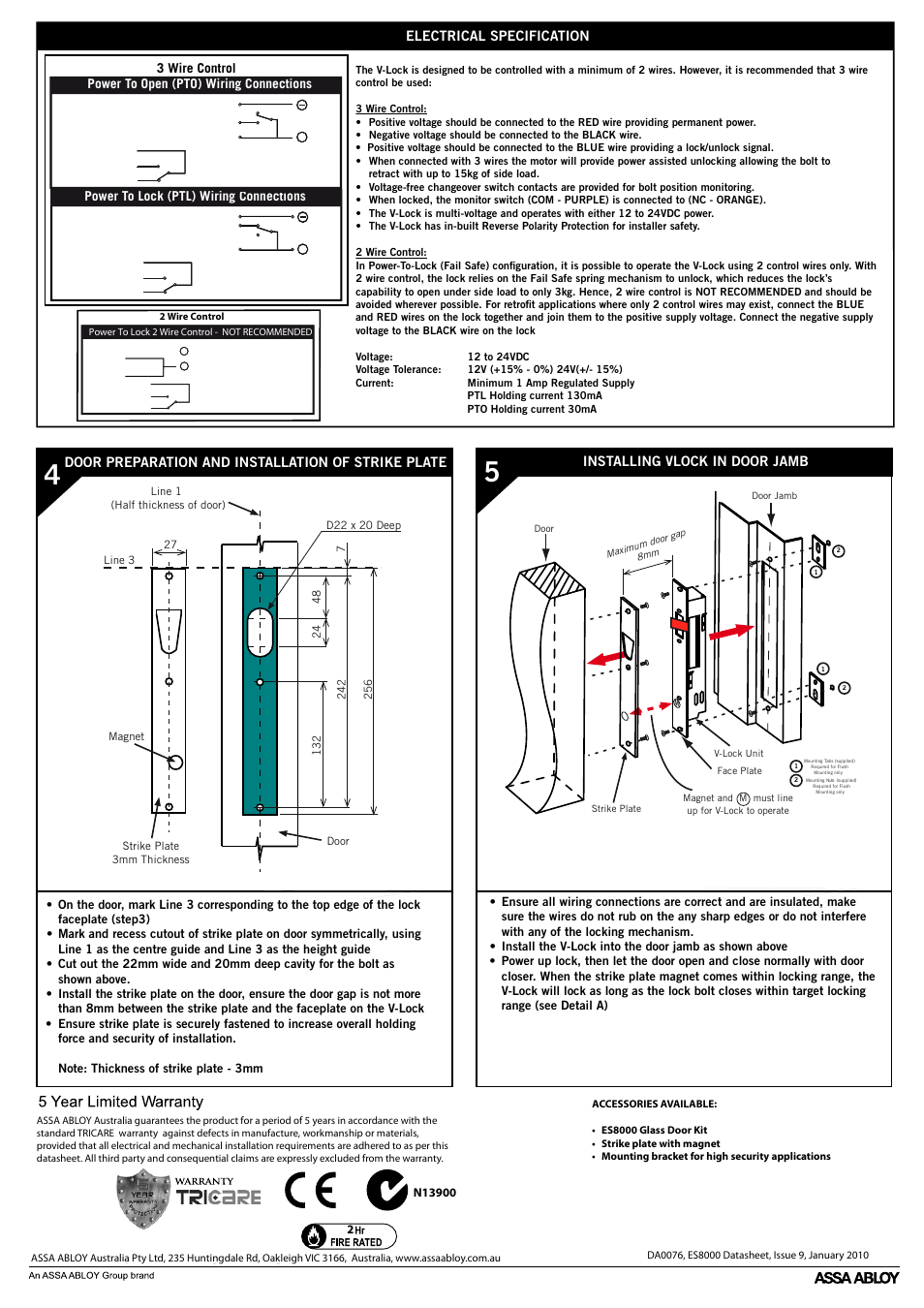 Es8000 back, Electrical specification, Door preparation and installation of strike plate | Installing vlock in door jamb | Trimec ES8000 V-Lock User Manual | Page 2 / 2