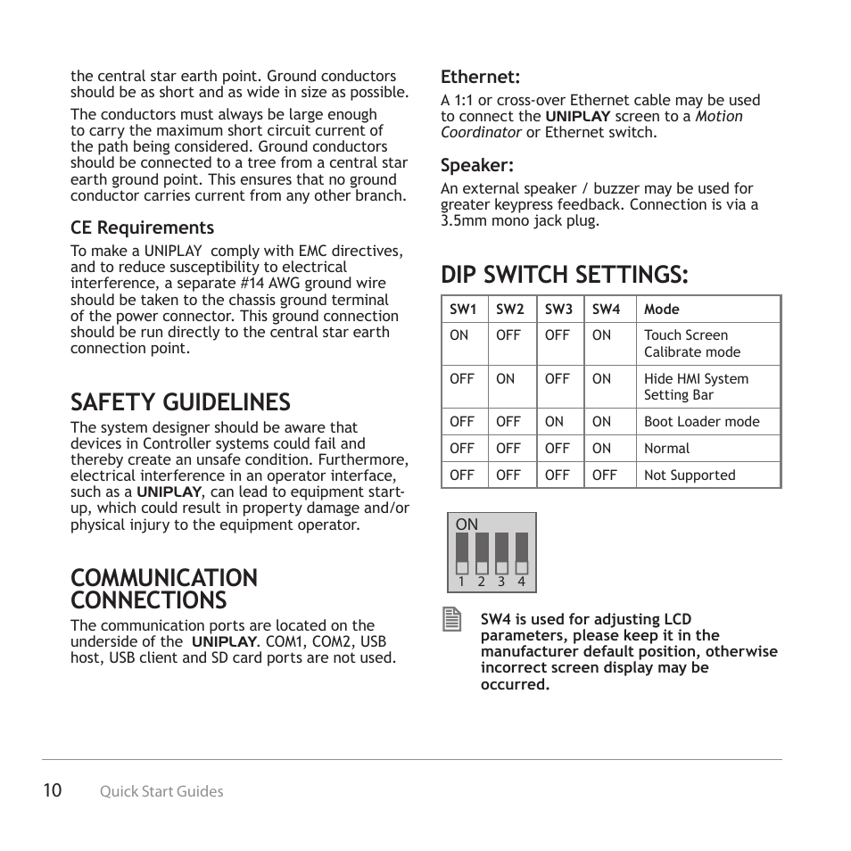 Safety guidelines, Communication connections, Dip switch settings | Trio Motion Technology Uniplay HMI User Manual | Page 10 / 12