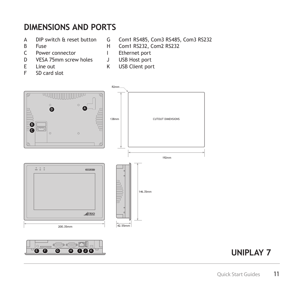 Uniplay 7 dimensions and ports | Trio Motion Technology Uniplay HMI User Manual | Page 11 / 12