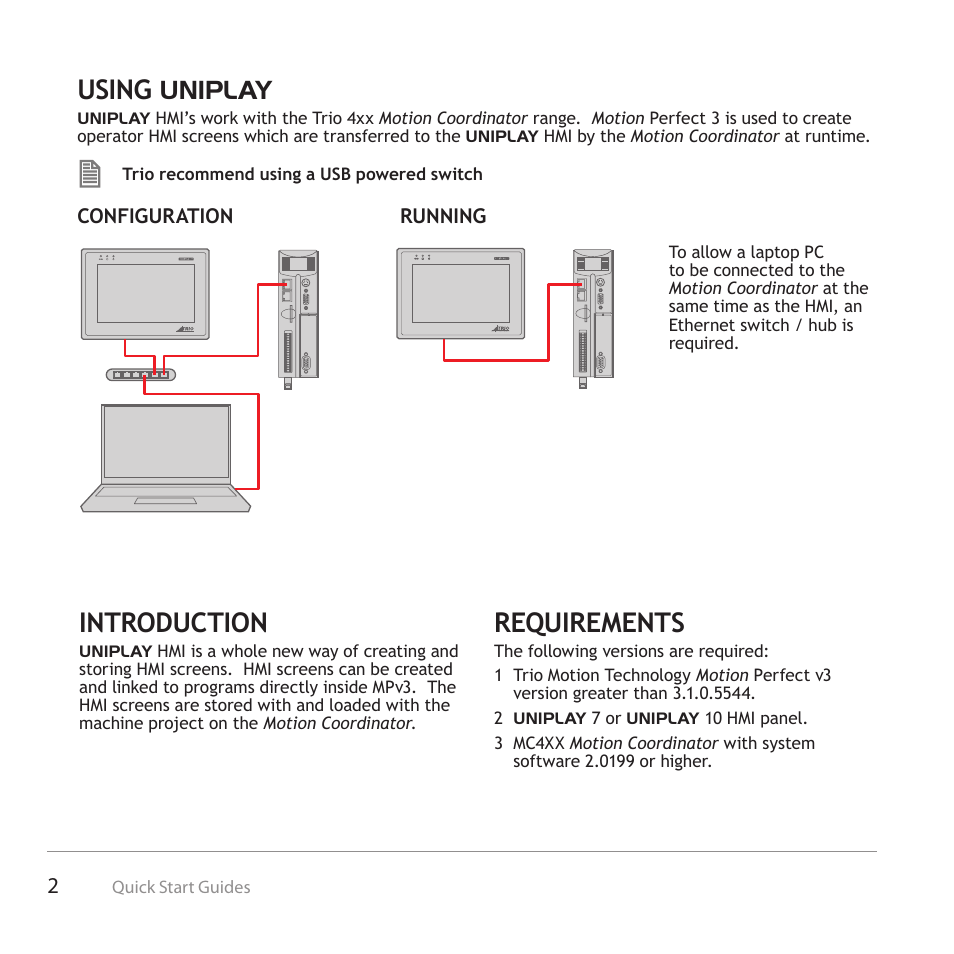 Introduction, Requirements, Using uniplay | Trio Motion Technology Uniplay HMI User Manual | Page 2 / 12