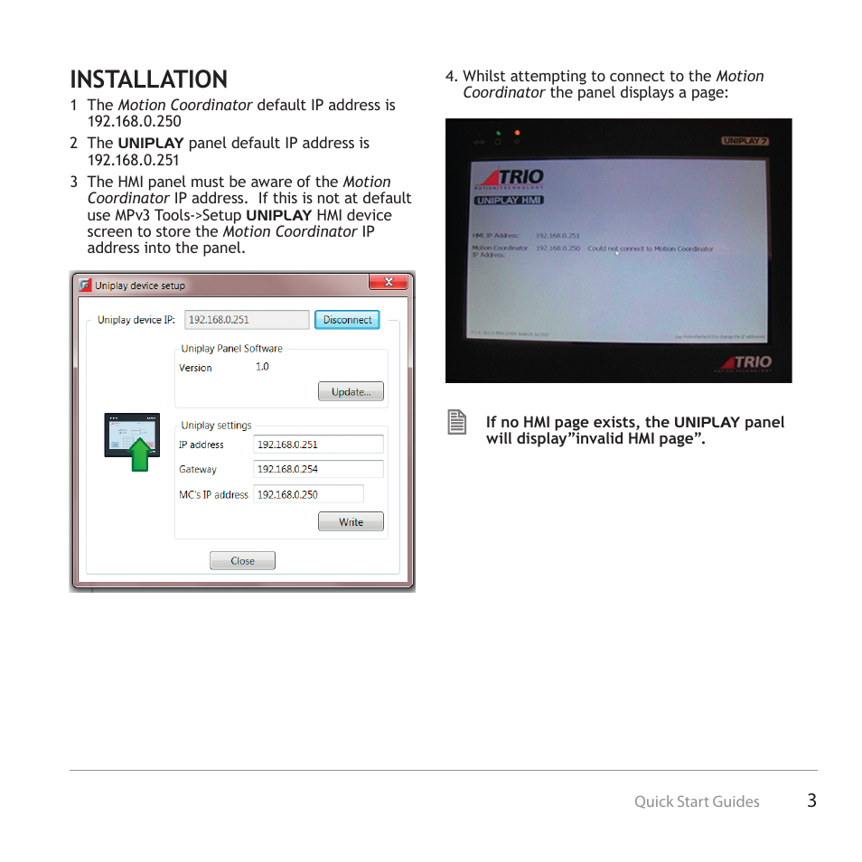 Installation | Trio Motion Technology Uniplay HMI User Manual | Page 3 / 12