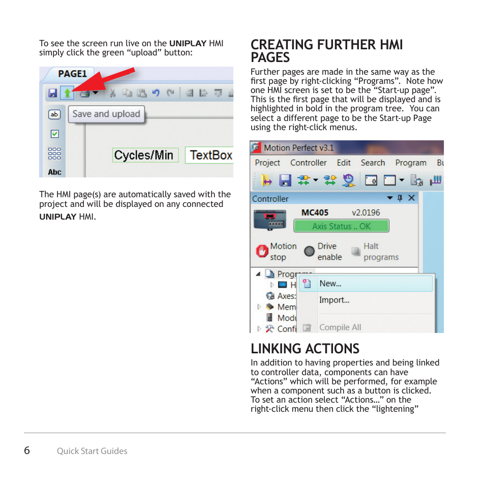Creating further hmi pages, Linking actions | Trio Motion Technology Uniplay HMI User Manual | Page 6 / 12