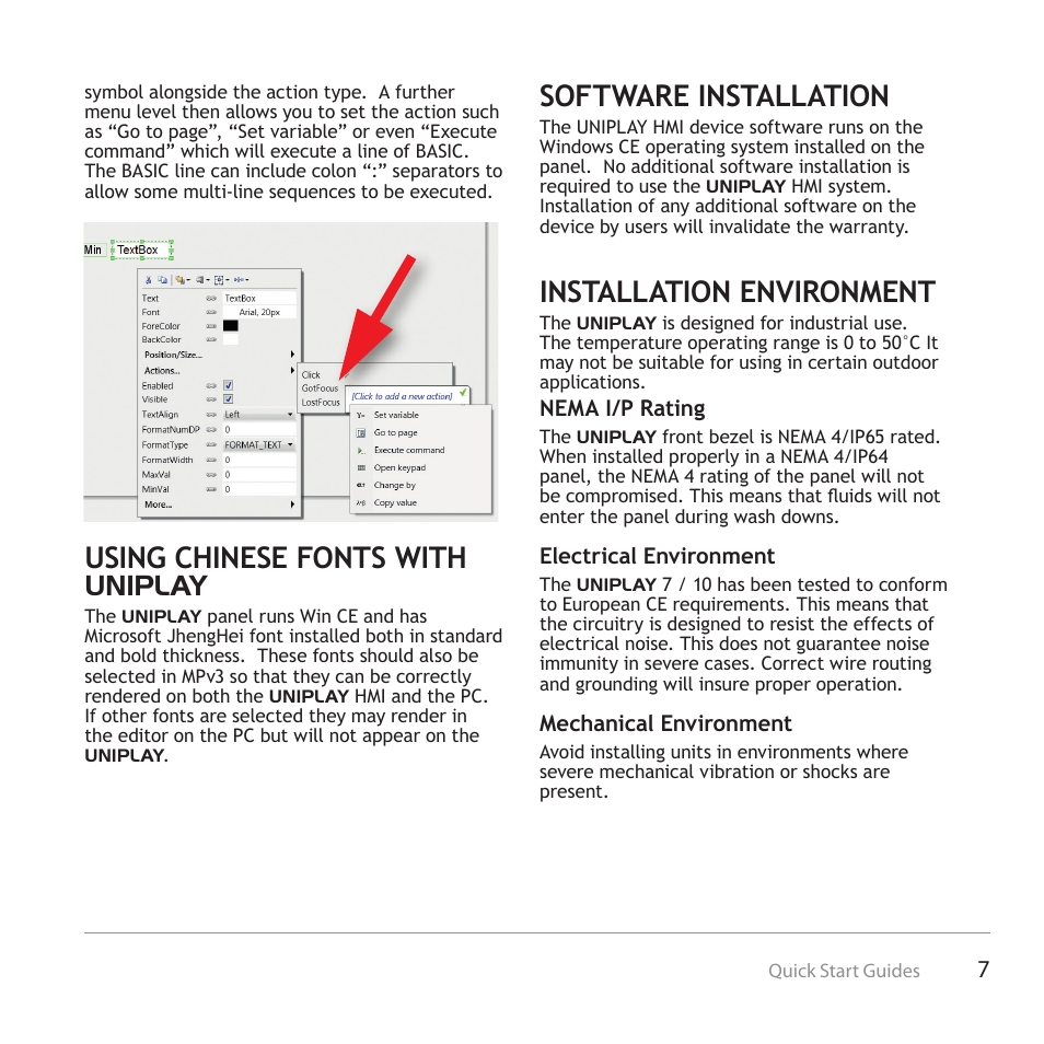 Using chinese fonts with uniplay, Software installation, Installation environment | Trio Motion Technology Uniplay HMI User Manual | Page 7 / 12