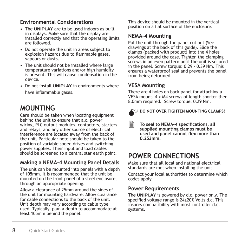 Mounting, Power connections | Trio Motion Technology Uniplay HMI User Manual | Page 8 / 12
