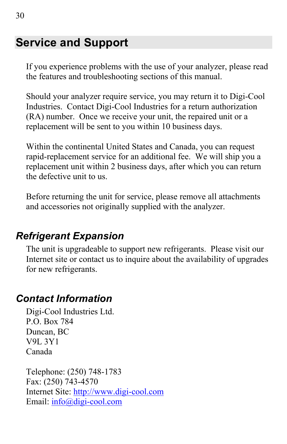 Service and support, Refrigerant expansion, Contact information | UEi Test Instruments AK900SC User Manual | Page 30 / 31