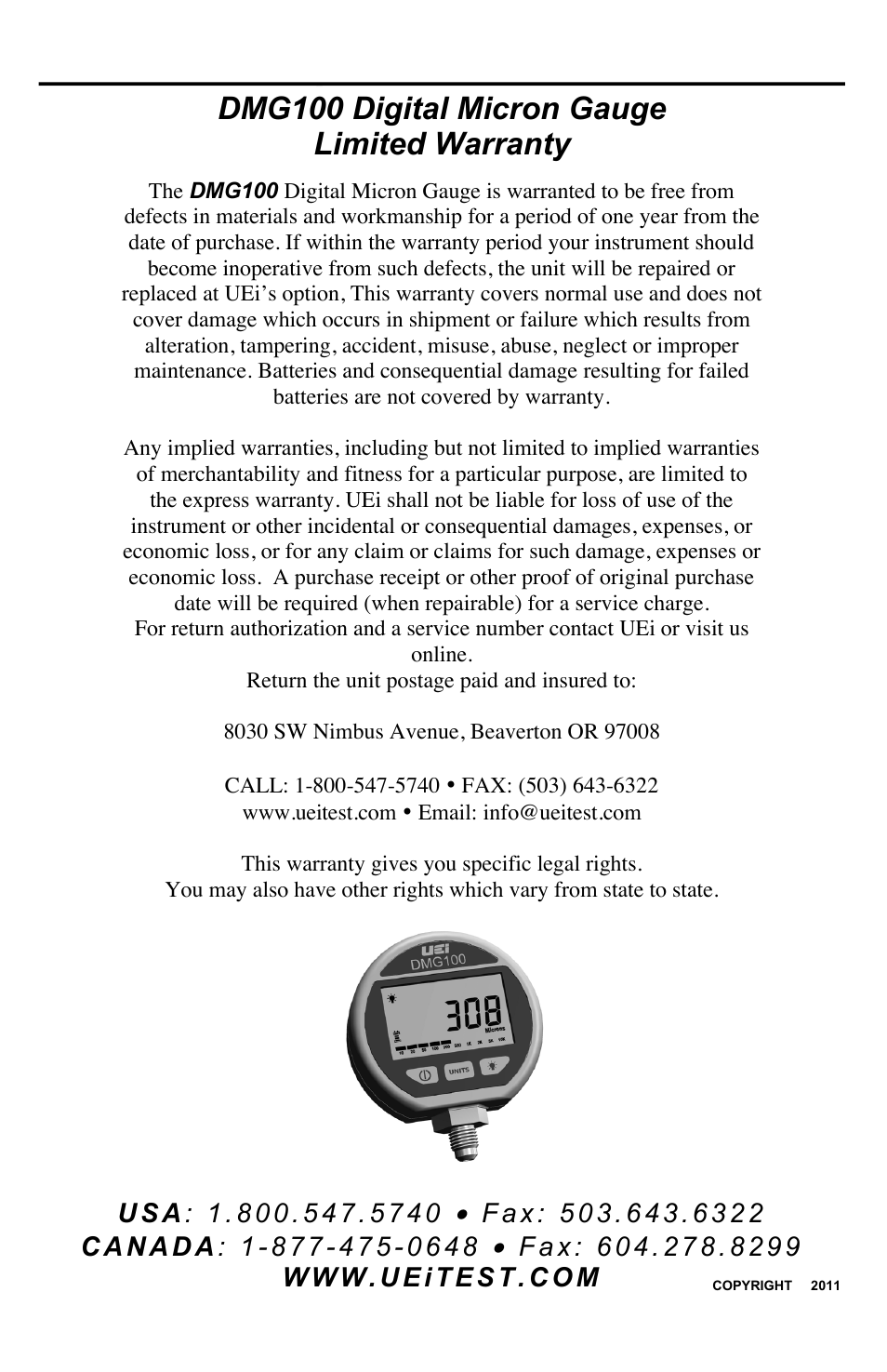 Dmg100, Dmg100 digital micron gauge limited warranty, Digital micron gauge | UEi Test Instruments DMG100 User Manual | Page 12 / 12