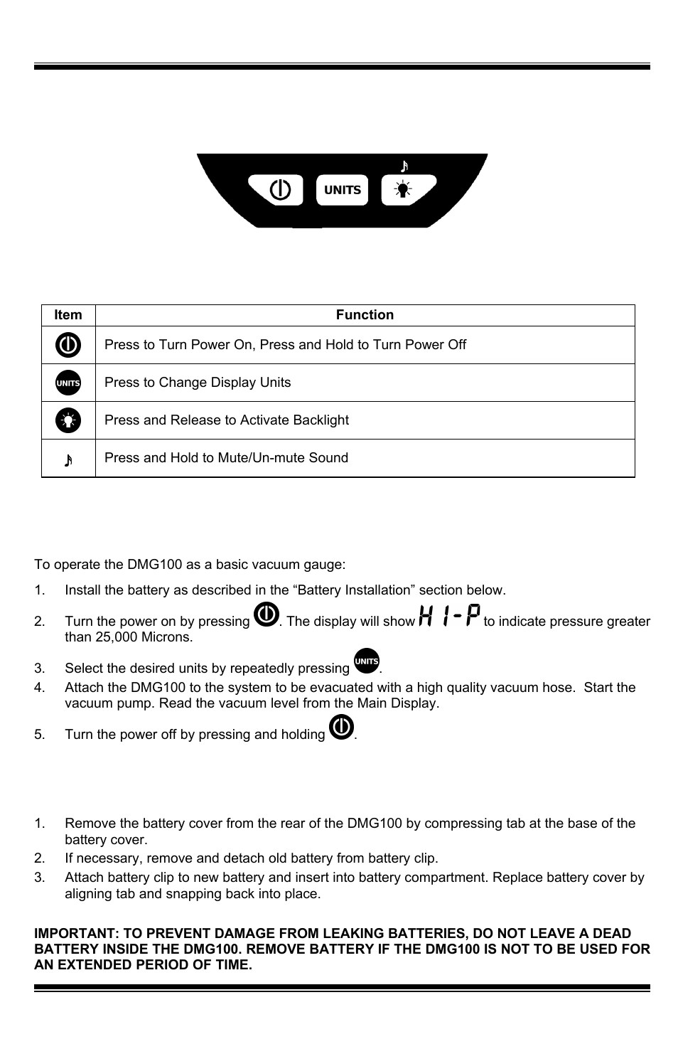 Backlight, Sound, Swivel hook | Maintenance, Cleaning the vacuum sensor, Keypad quick start, Battery installation & replacement | UEi Test Instruments DMG100 User Manual | Page 4 / 12