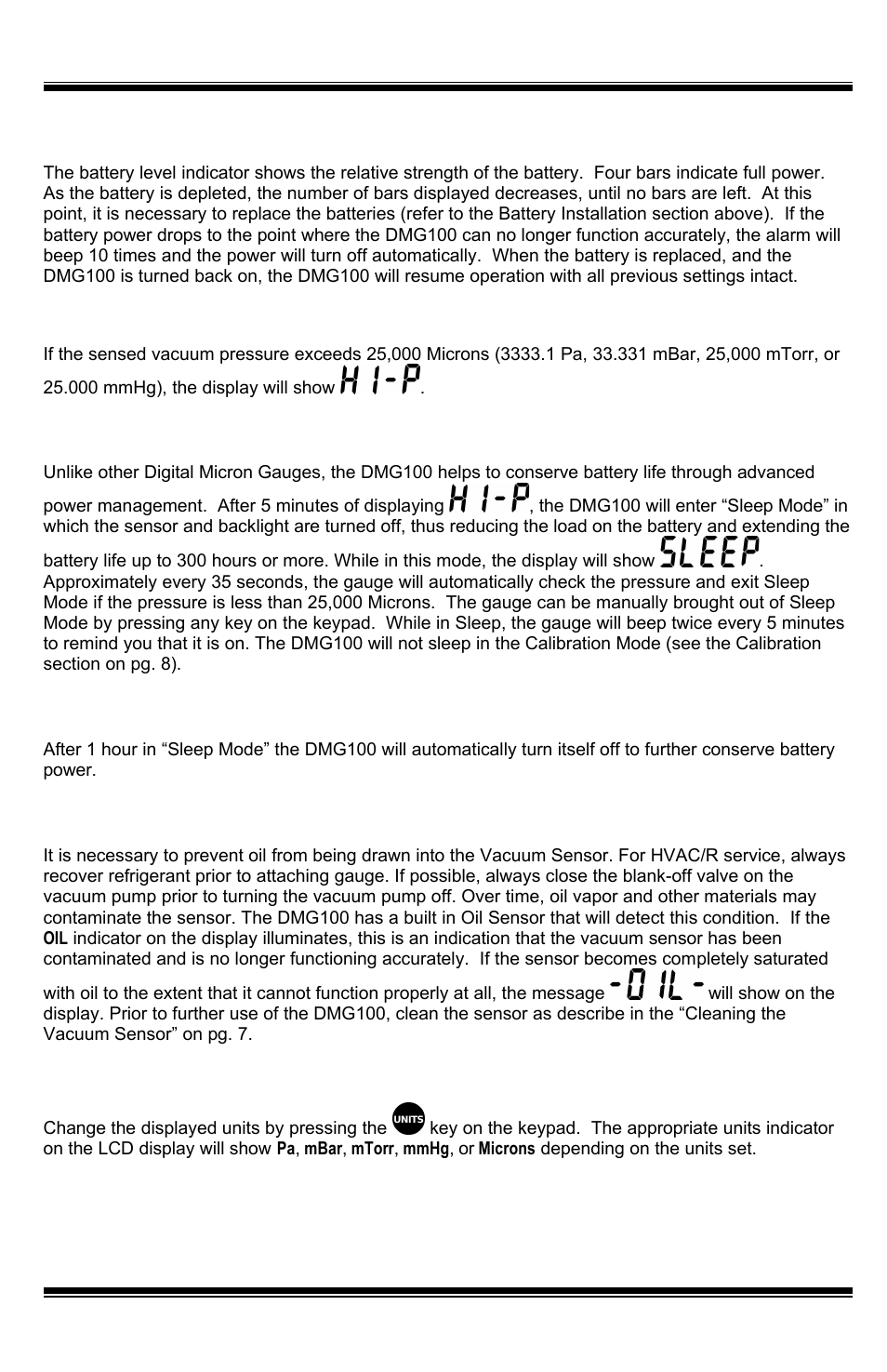 Battery level indicator, Hi-pressure indication, Sleep mode | Auto power-off, Oil sensor, Units, Range and resolution, Analog” vacuum level bar graph, Dmg100 user’s guide | UEi Test Instruments DMG100 User Manual | Page 5 / 12
