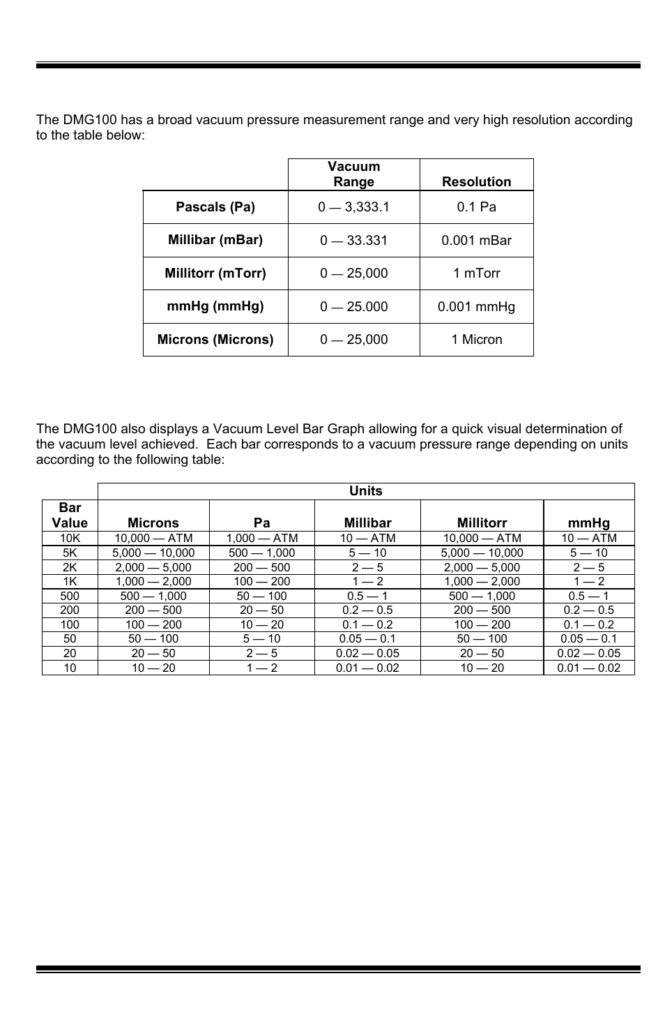 Battery level indicator, Hi-pressure indication, Sleep mode | Auto power-off, Oil sensor, Units, Range and resolution, Analog” vacuum level bar graph, Dmg100 user’s guide | UEi Test Instruments DMG100 User Manual | Page 6 / 12