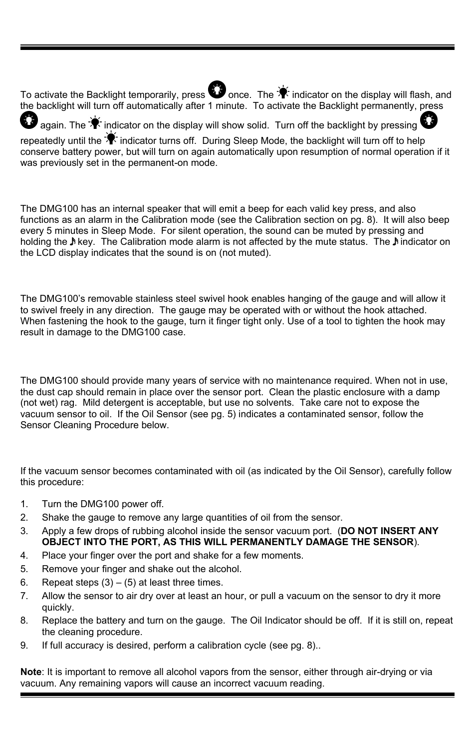 Backlight, Sound, Swivel hook | Maintenance, Cleaning the vacuum sensor, Keypad quick start, Battery installation & replacement | UEi Test Instruments DMG100 User Manual | Page 7 / 12