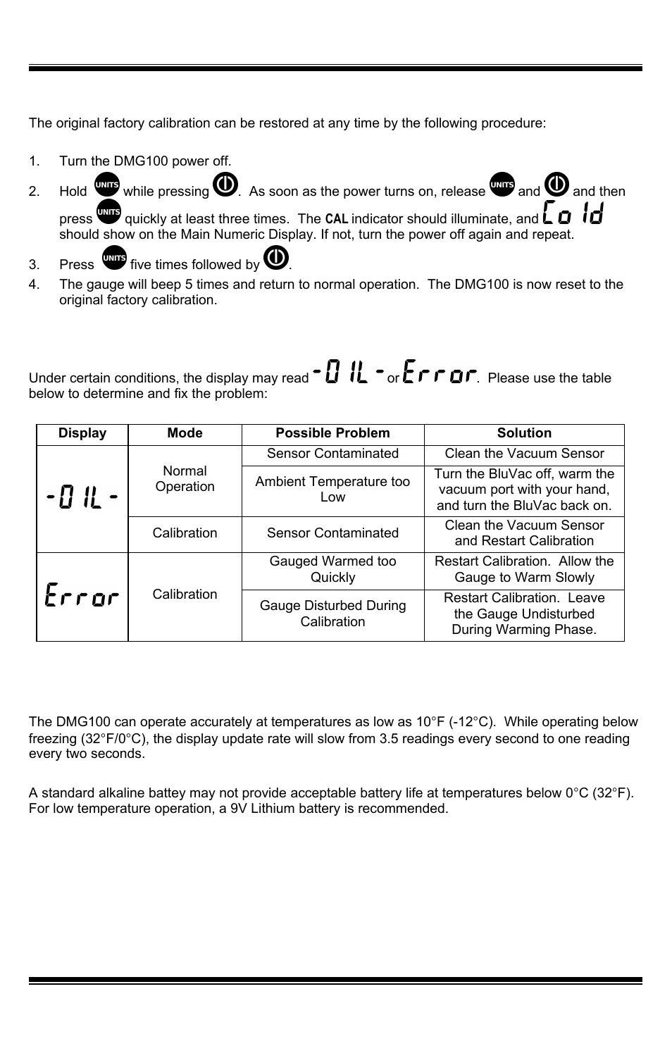 Restoring factory calibration, Troubleshooting, Low temperature operation | Parts diagram | UEi Test Instruments DMG100 User Manual | Page 9 / 12