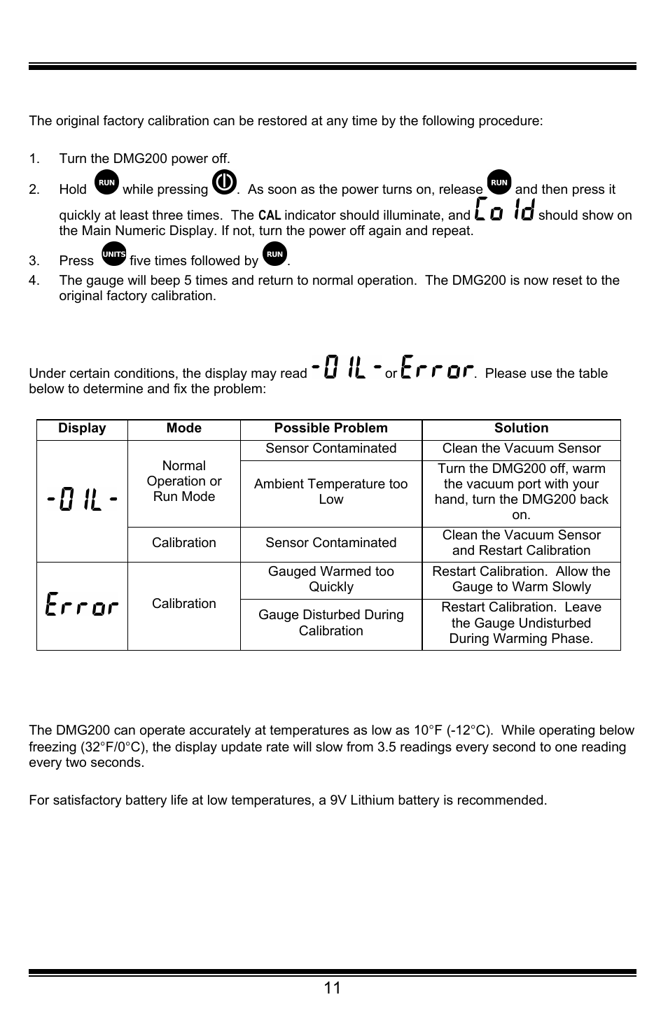 Parts diagram, Restoring factory calibration, Troubleshooting | Low temperature operation | UEi Test Instruments DMG200 User Manual | Page 11 / 12