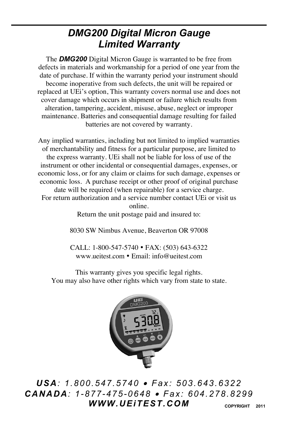 Dmg200, Dmg200 digital micron gauge limited warranty, Digital micron gauge | UEi Test Instruments DMG200 User Manual | Page 12 / 12