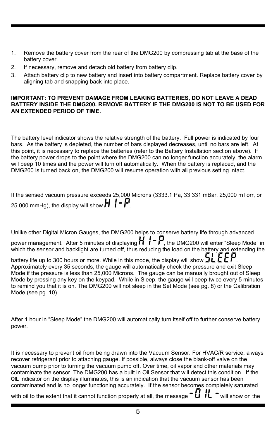 Programming, Battery installation & replacement, Battery level indicator | Hi-pressure indication, Sleep mode, Auto power-off, Oil sensor | UEi Test Instruments DMG200 User Manual | Page 5 / 12