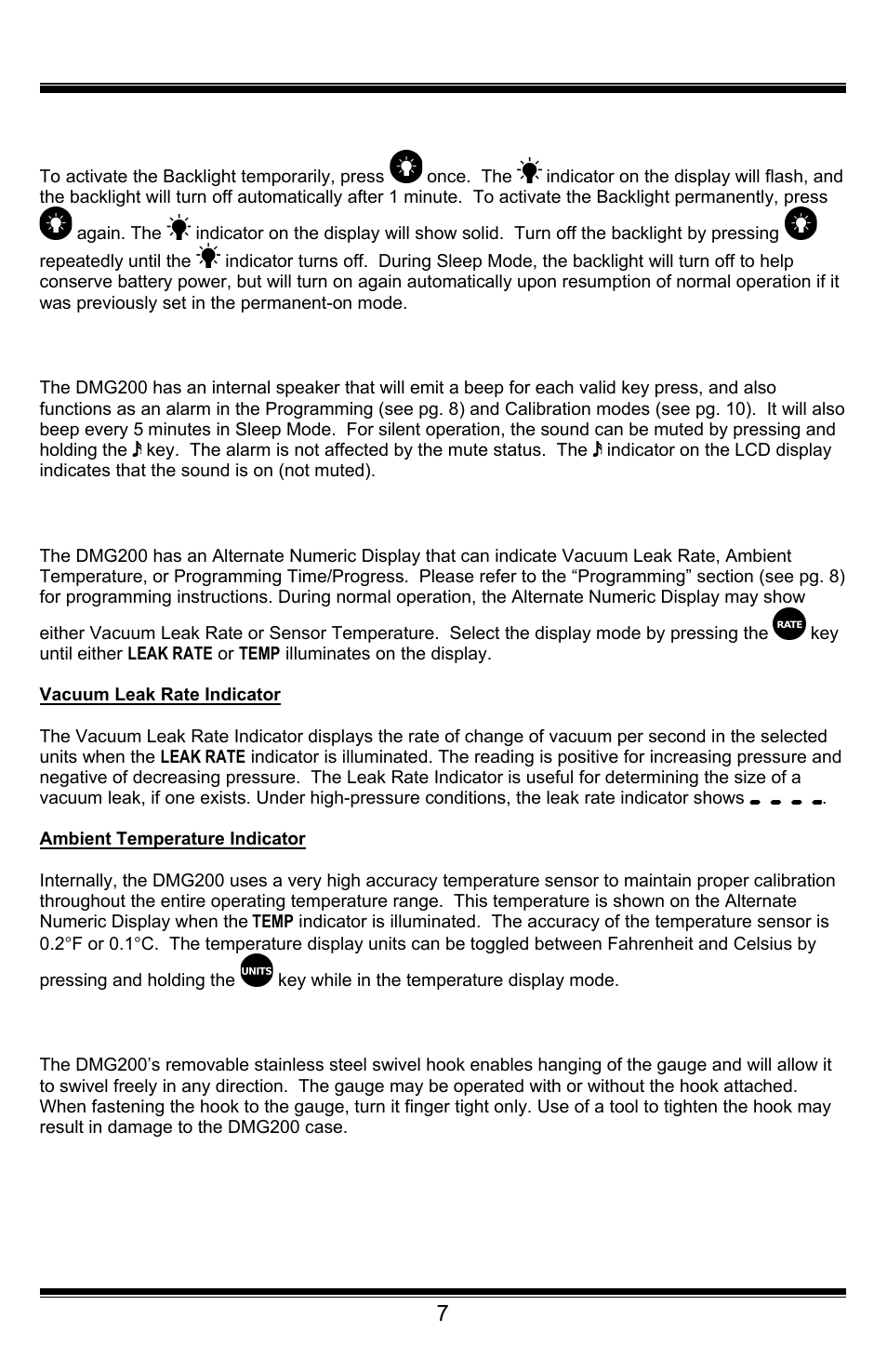 Units, Range and resolution, Analog” vacuum level bar graph | Backlight, Sound, Alternate numeric display, Swivel hook, Dmg200 user’s guide 6, Dmg200 user’s guide 7 | UEi Test Instruments DMG200 User Manual | Page 7 / 12