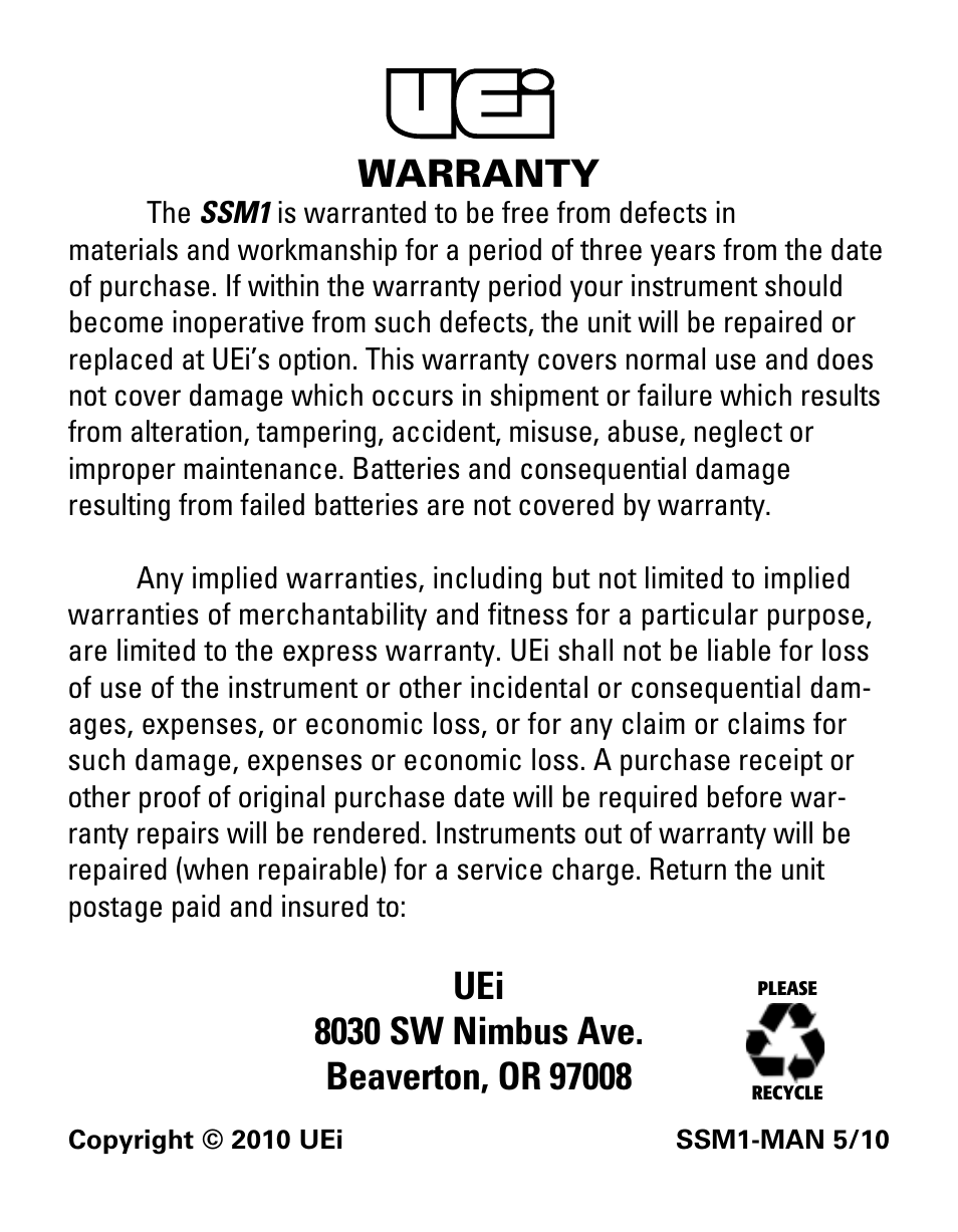 Warranty | UEi Test Instruments SSM1 User Manual | Page 12 / 12