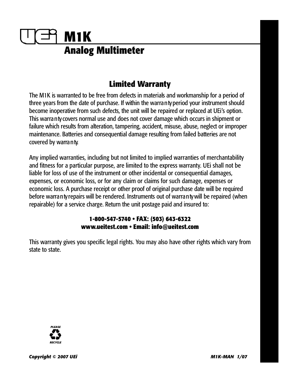 Analog multimeter, Limited warranty | UEi Test Instruments M1K User Manual | Page 4 / 4