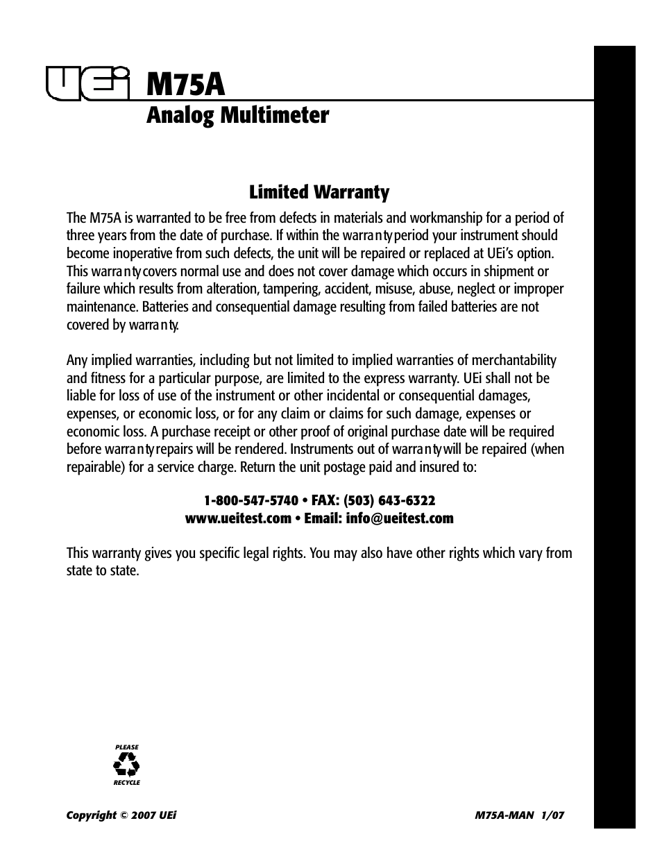 M75a, Analog multimeter, Limited warranty | UEi Test Instruments M75A User Manual | Page 5 / 5