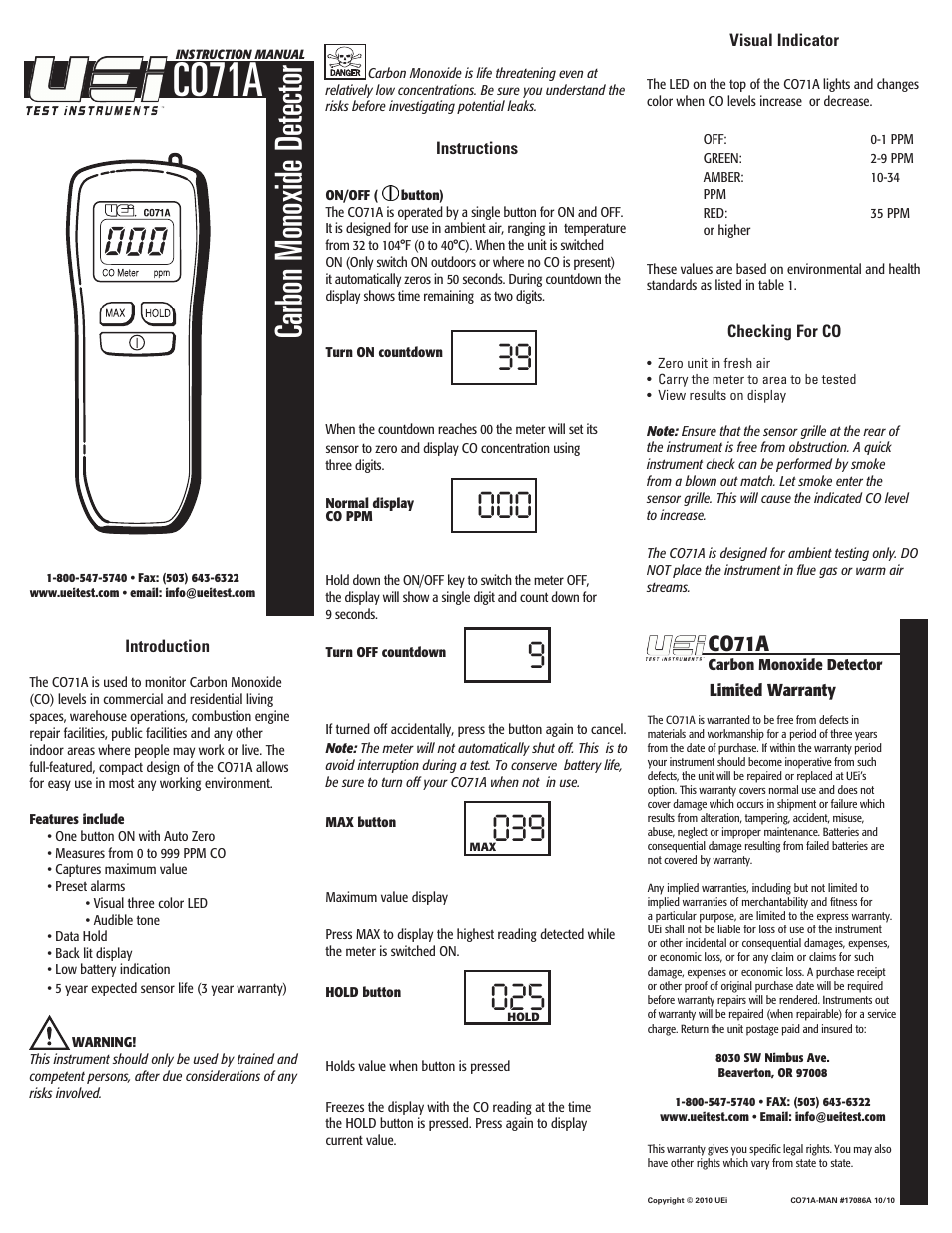 UEi Test Instruments CO71A User Manual | 2 pages