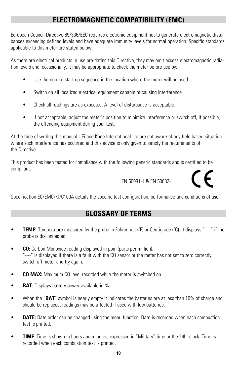 Electromagnetic compatibility (emc), Glossary of terms | UEi Test Instruments CO95 User Manual | Page 10 / 12