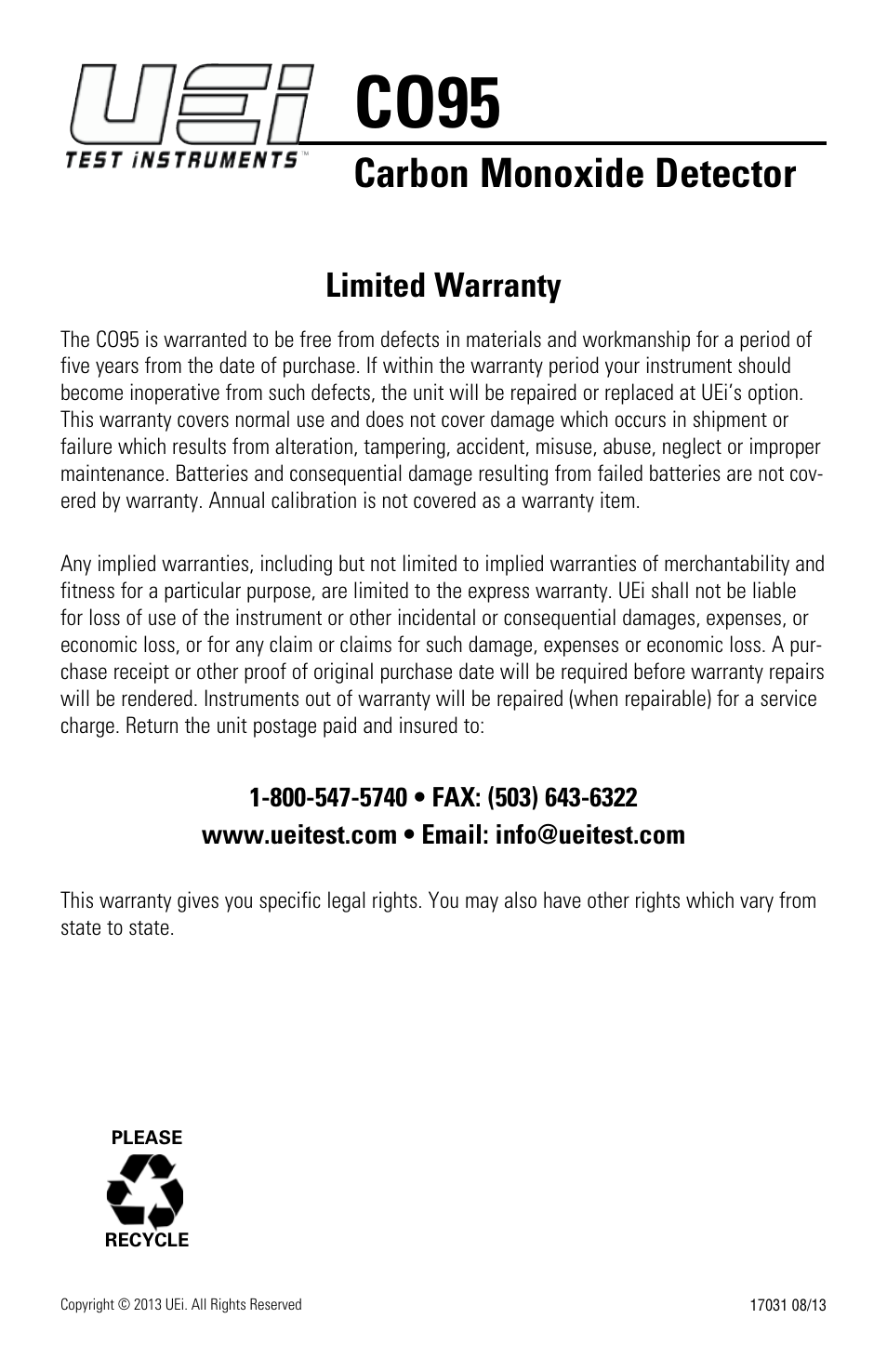 Co95, Carbon monoxide detector, Limited warranty | UEi Test Instruments CO95 User Manual | Page 12 / 12