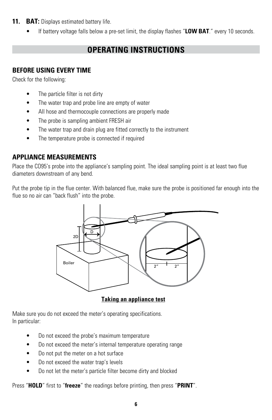Operating instructions, Before using every time, Appliance measurements | UEi Test Instruments CO95 User Manual | Page 6 / 12