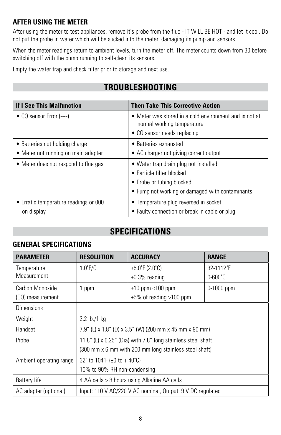 Troubleshooting, Specifications | UEi Test Instruments CO95 User Manual | Page 8 / 12